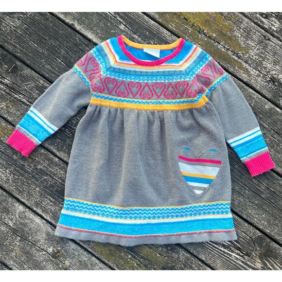 Hanna Andersson Cozy Up Sweater Dress 100cm Gray Stripe Heart Patch Wool Blend - Picture 1 of 8